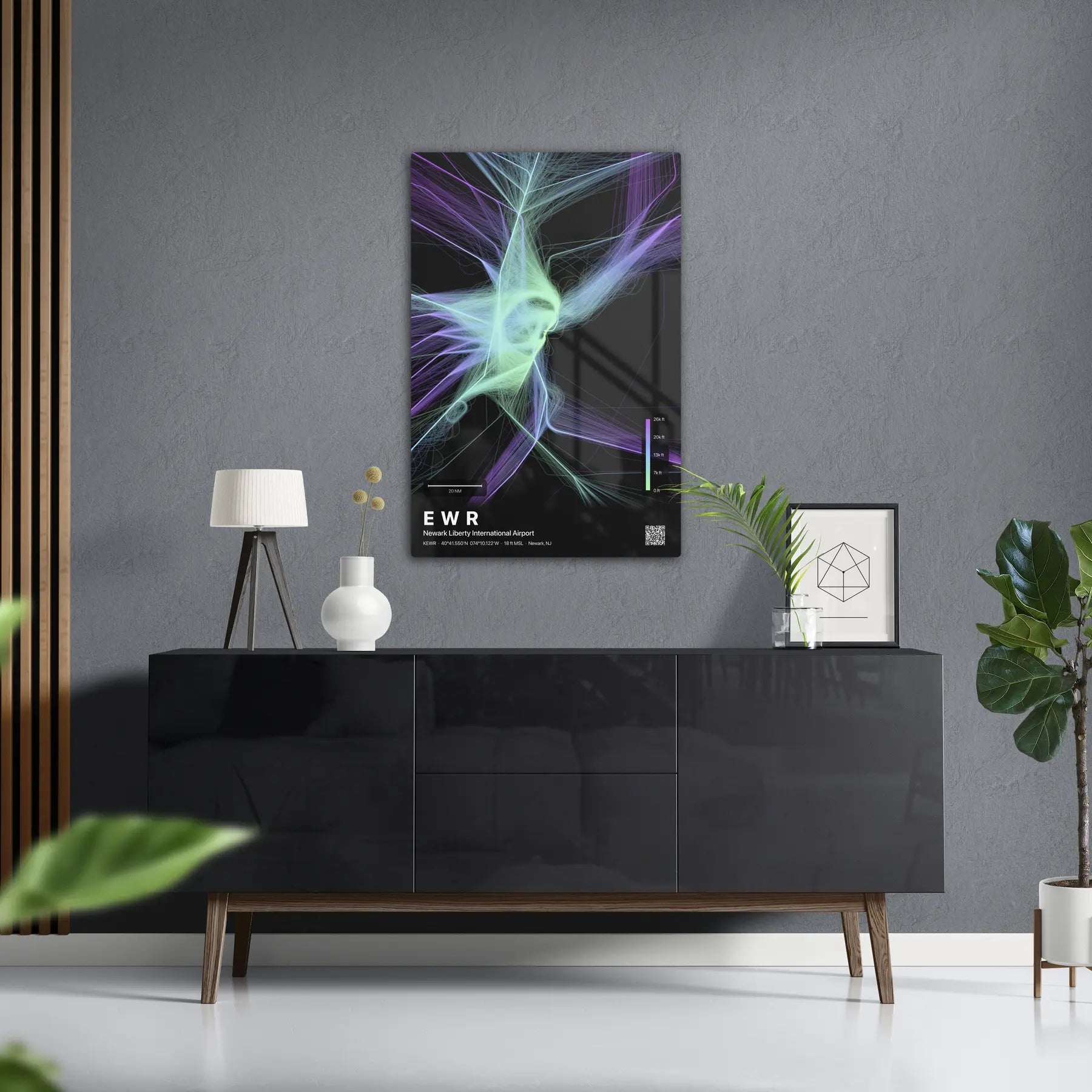 EWR flight path print — Prism theme · Dark in foyer setting [hotspot:50]