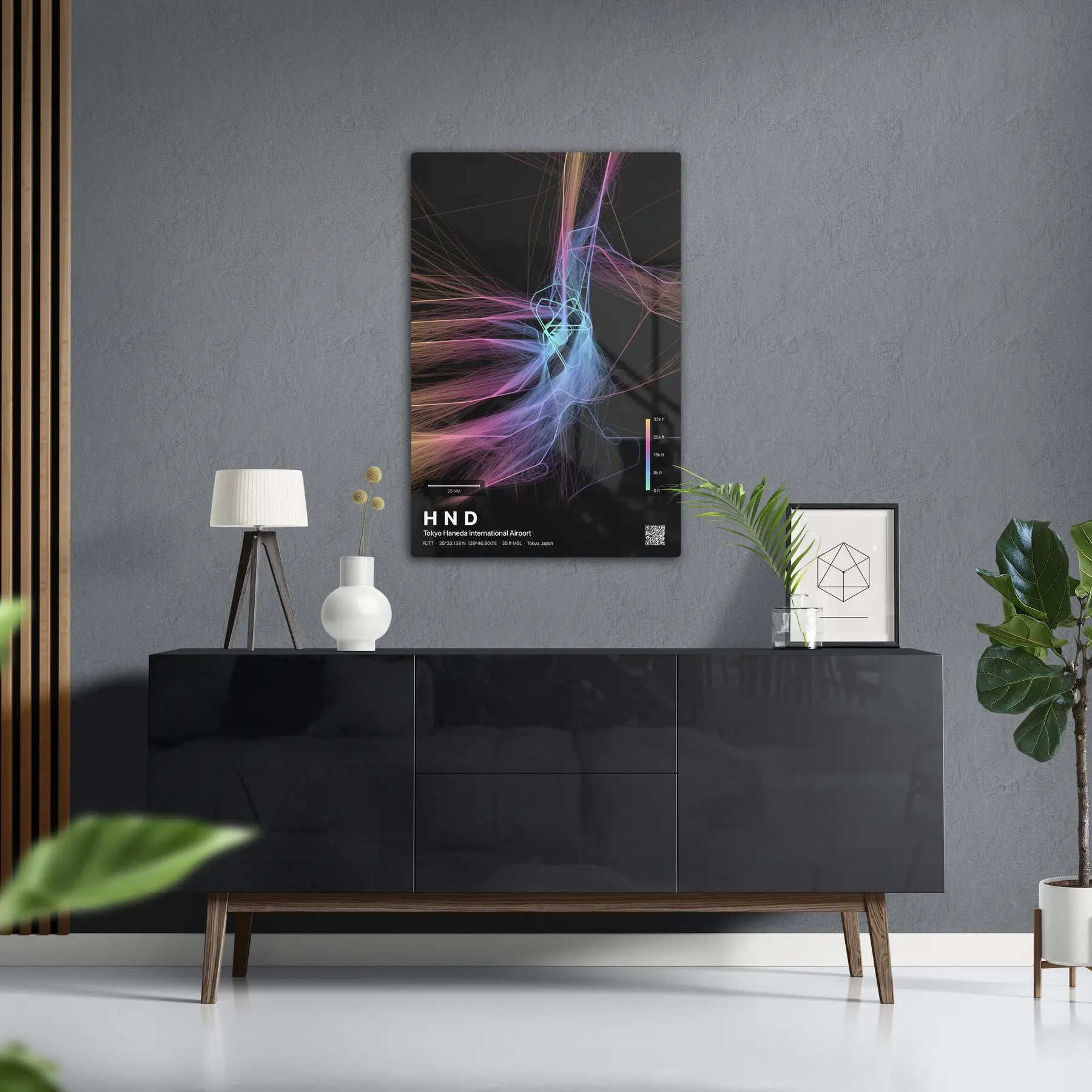 HND flight path print — Aurora theme · Dark in foyer setting [hotspot:50]
