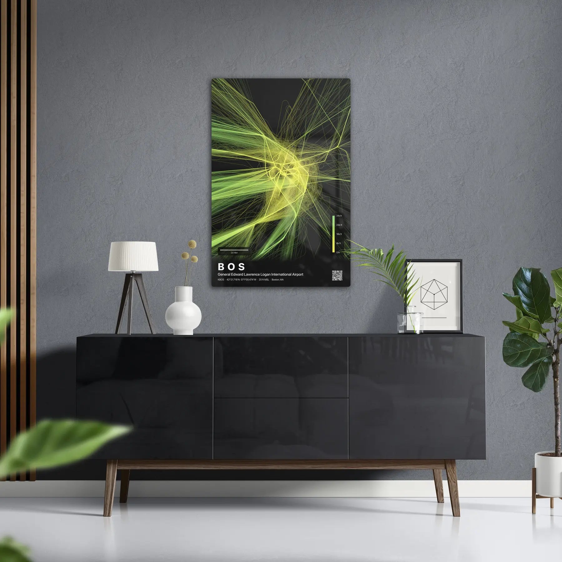 BOS flight path print — Citrus theme · Dark in foyer setting [hotspot:50]