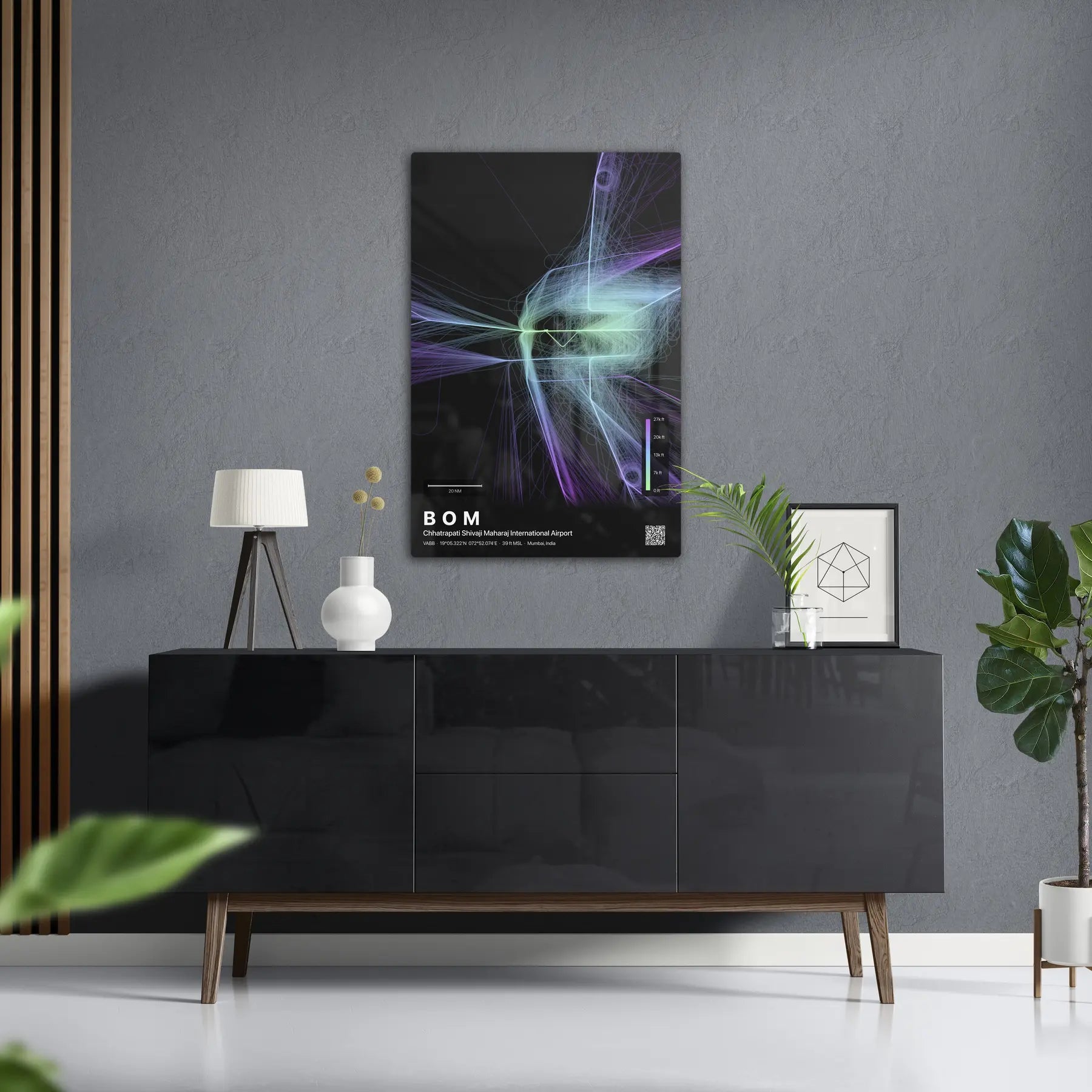 BOM flight path print — Prism theme · Dark in foyer setting [hotspot:50]