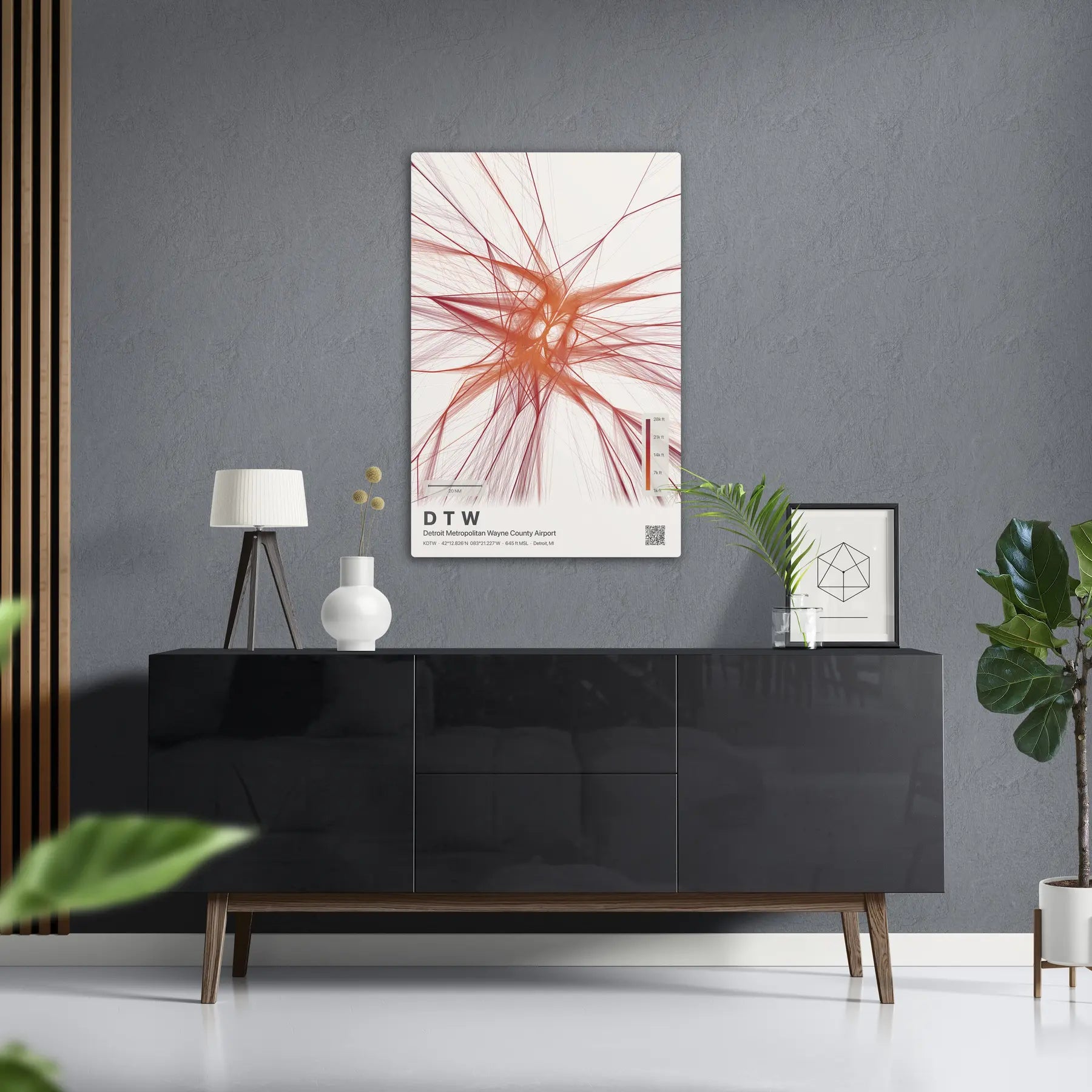 DTW flight path print — Inferno theme · Light in foyer setting [hotspot:50]