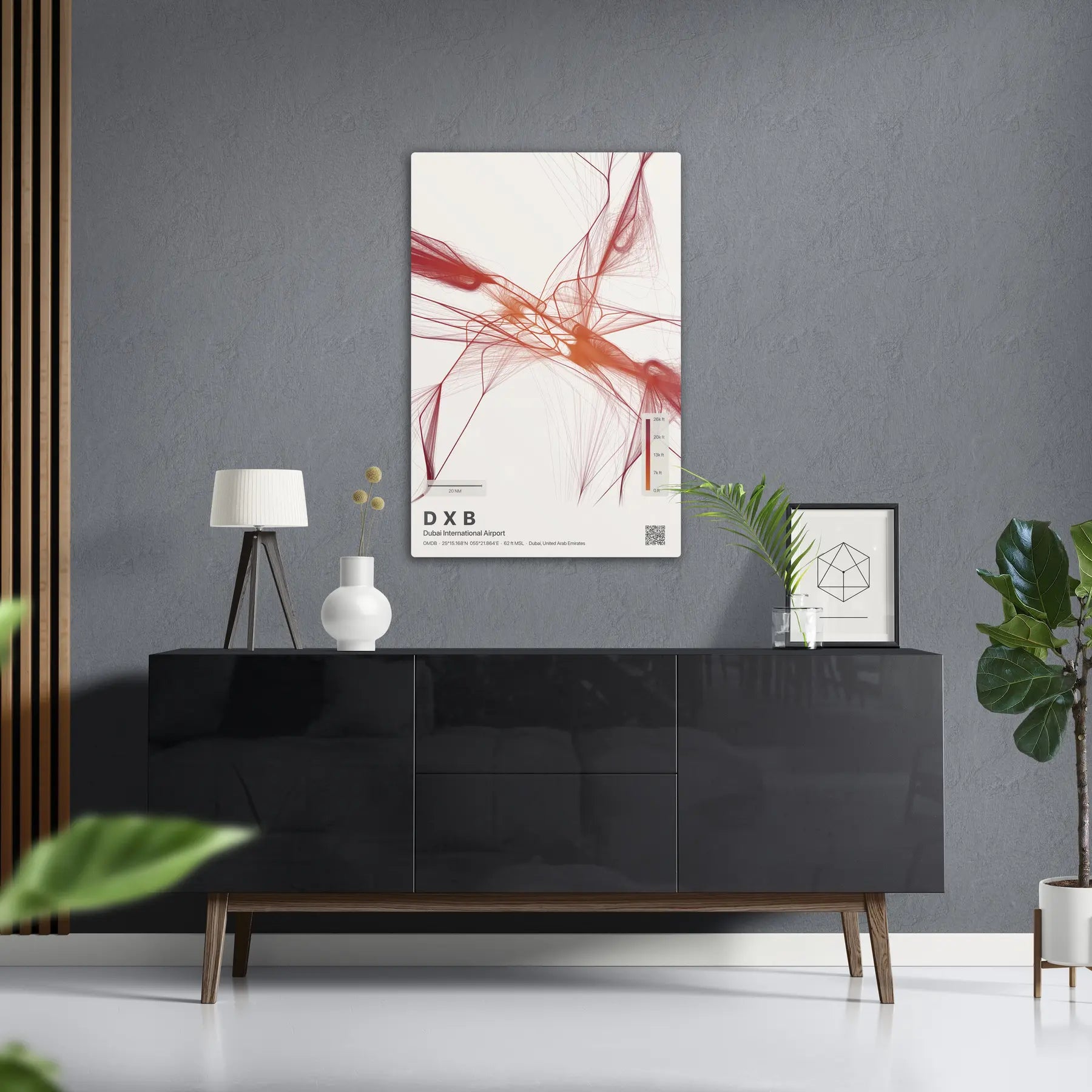 DXB flight path print — Inferno theme · Light in foyer setting [hotspot:50]
