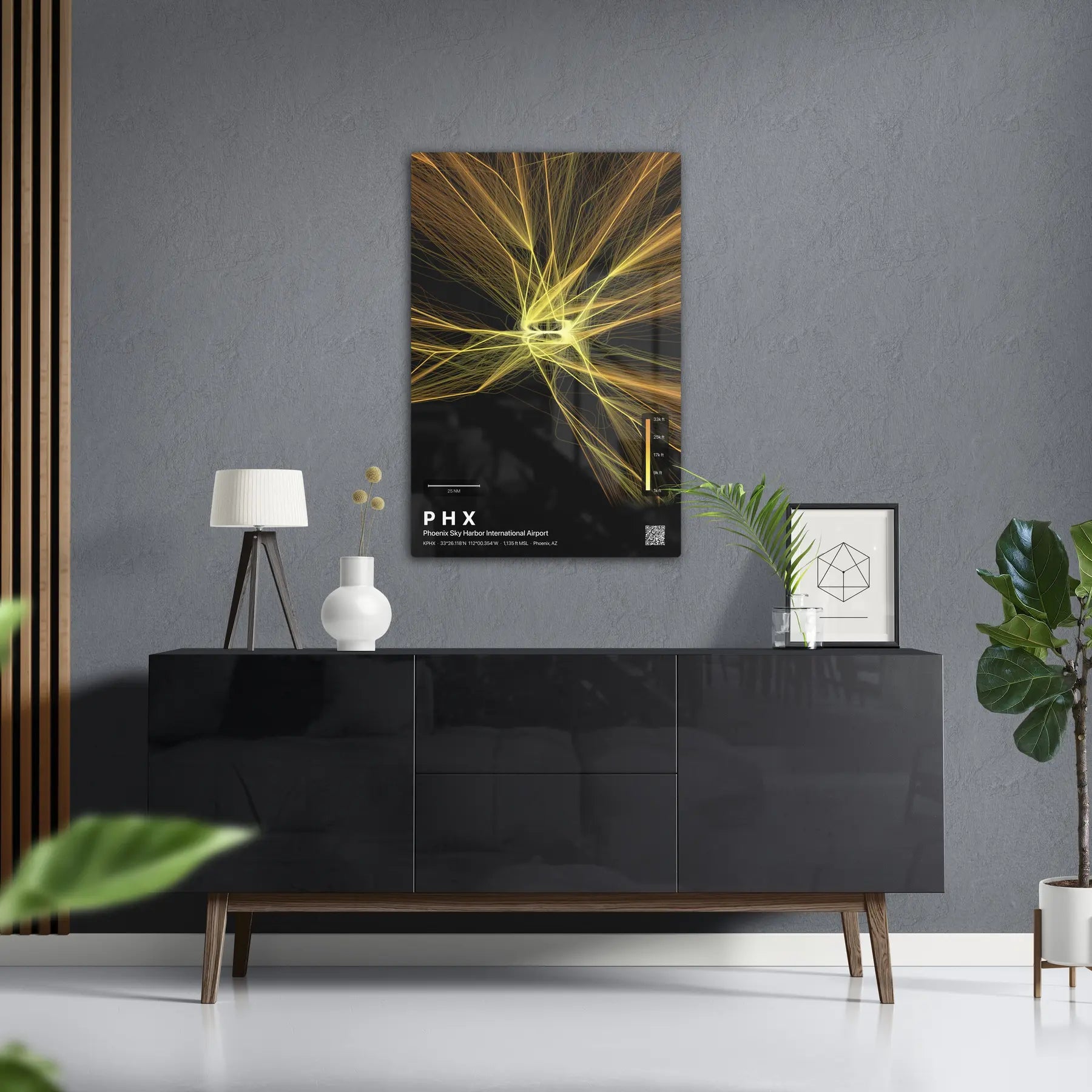 PHX flight path print — Solana theme · Dark in foyer setting [hotspot:50]