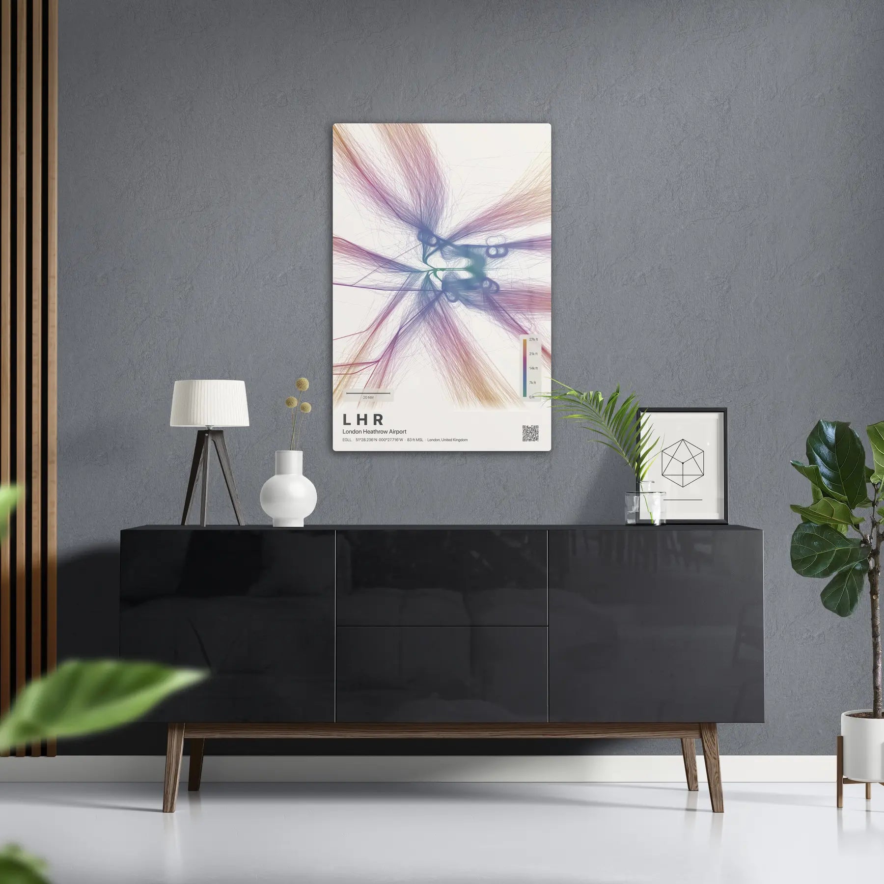 LHR flight path print — Aurora theme · Light in foyer setting [hotspot:50]