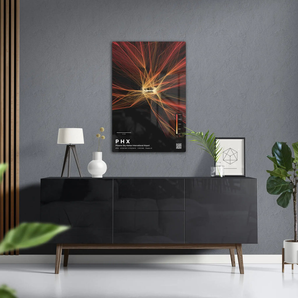 PHX flight path print — Inferno theme · Dark in foyer setting [hotspot:50]