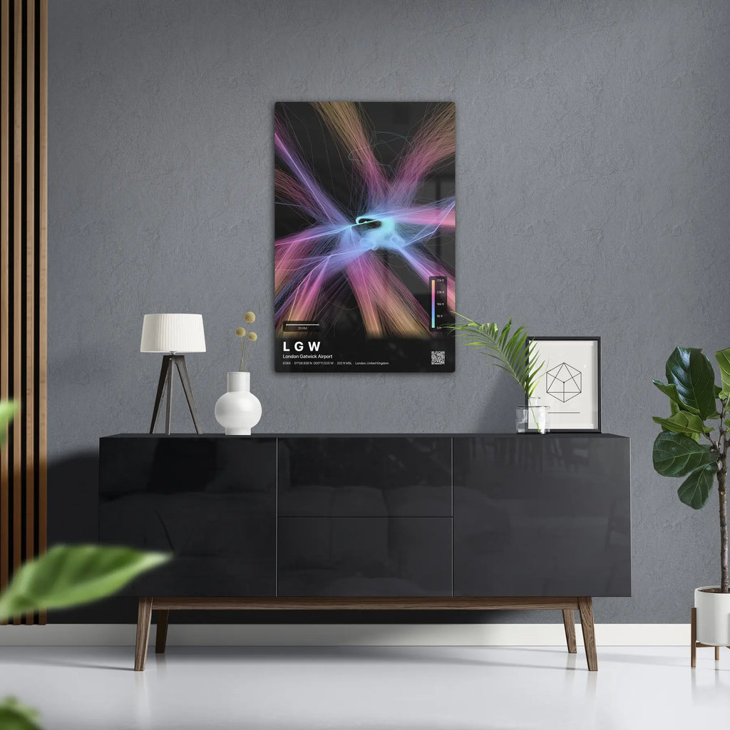 LGW flight path print — Aurora theme · Dark in foyer setting [hotspot:50]