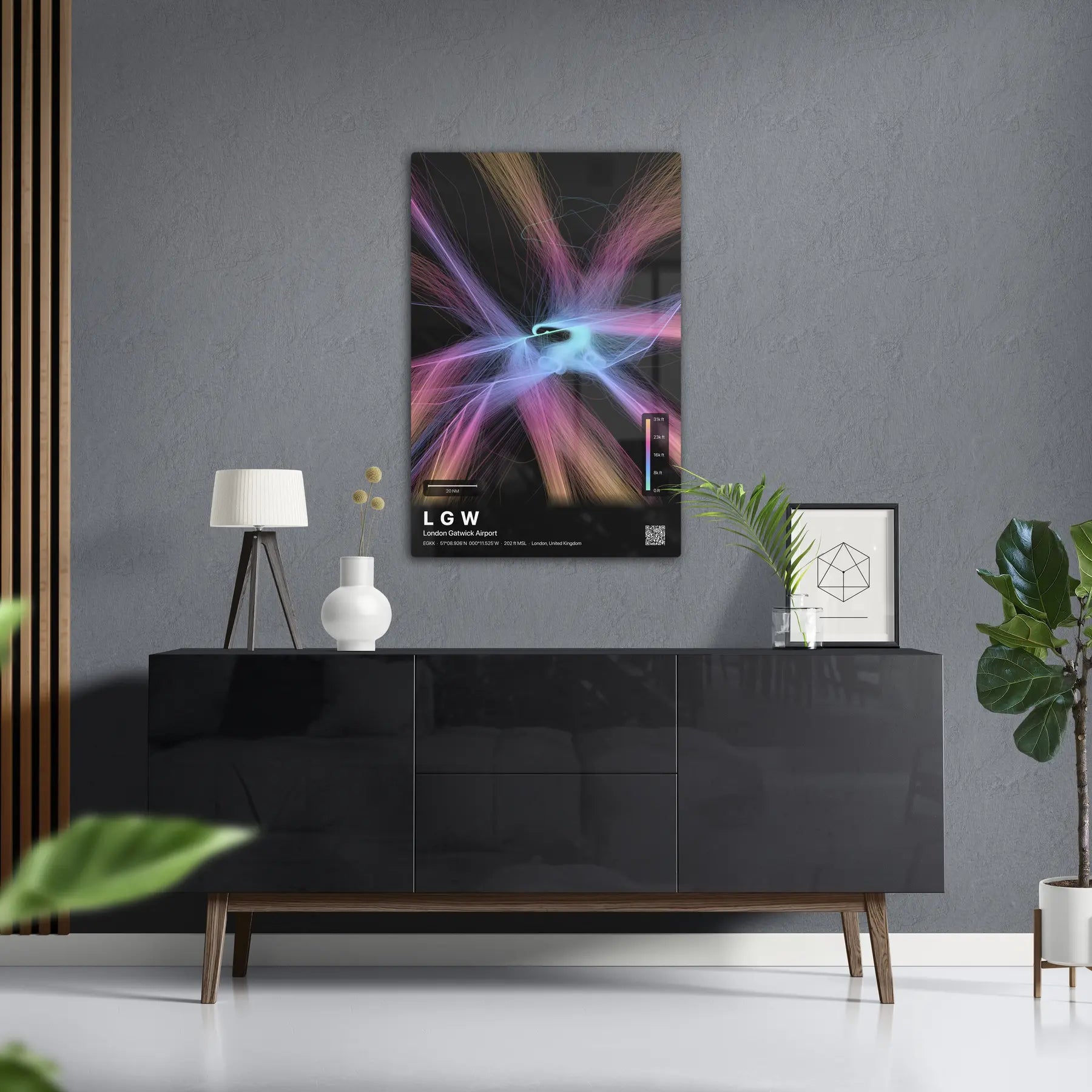 LGW flight path print — Aurora theme · Dark in foyer setting [hotspot:50]