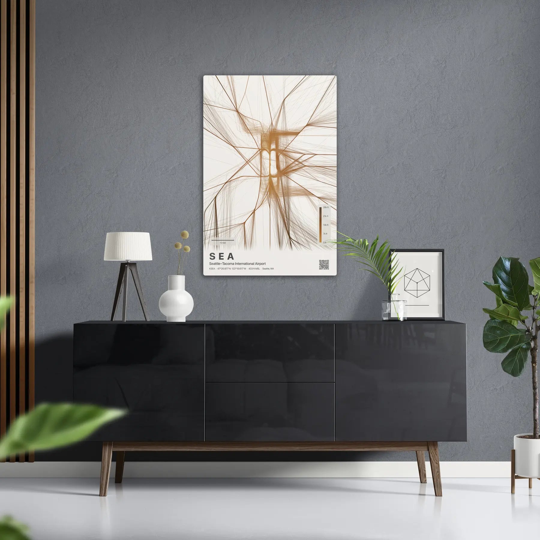 SEA flight path print — Solana theme · Light in foyer setting [hotspot:50]