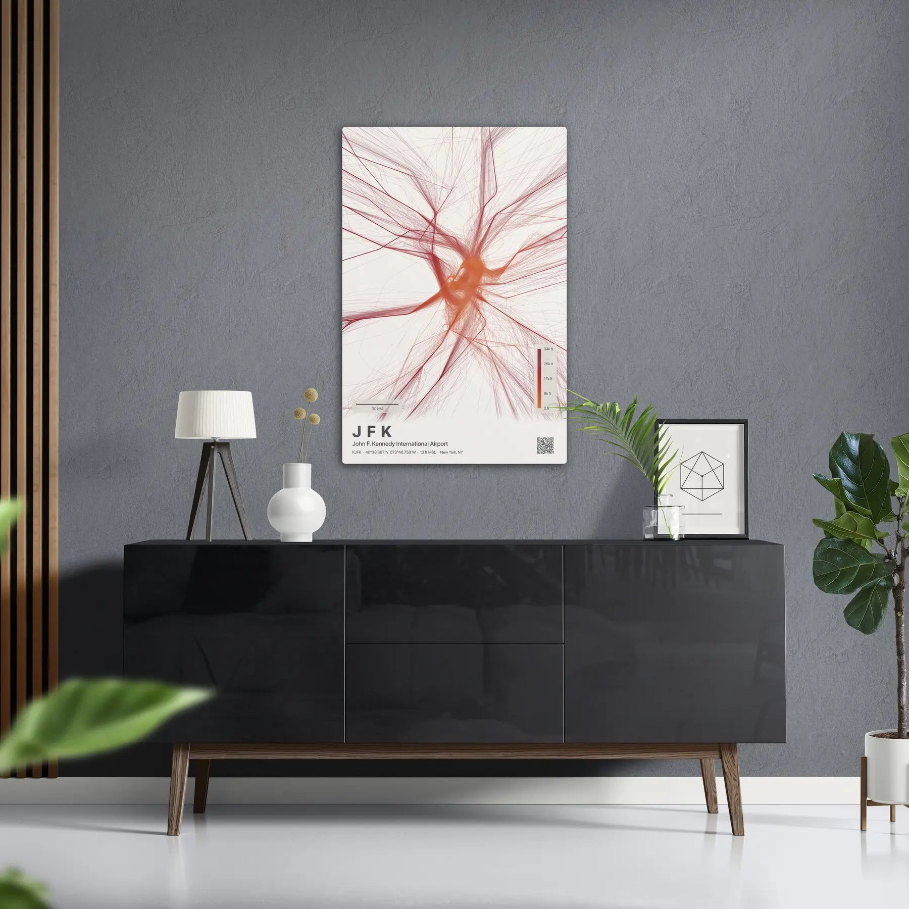 JFK flight path print — Inferno theme · Light in foyer setting [hotspot:50]
