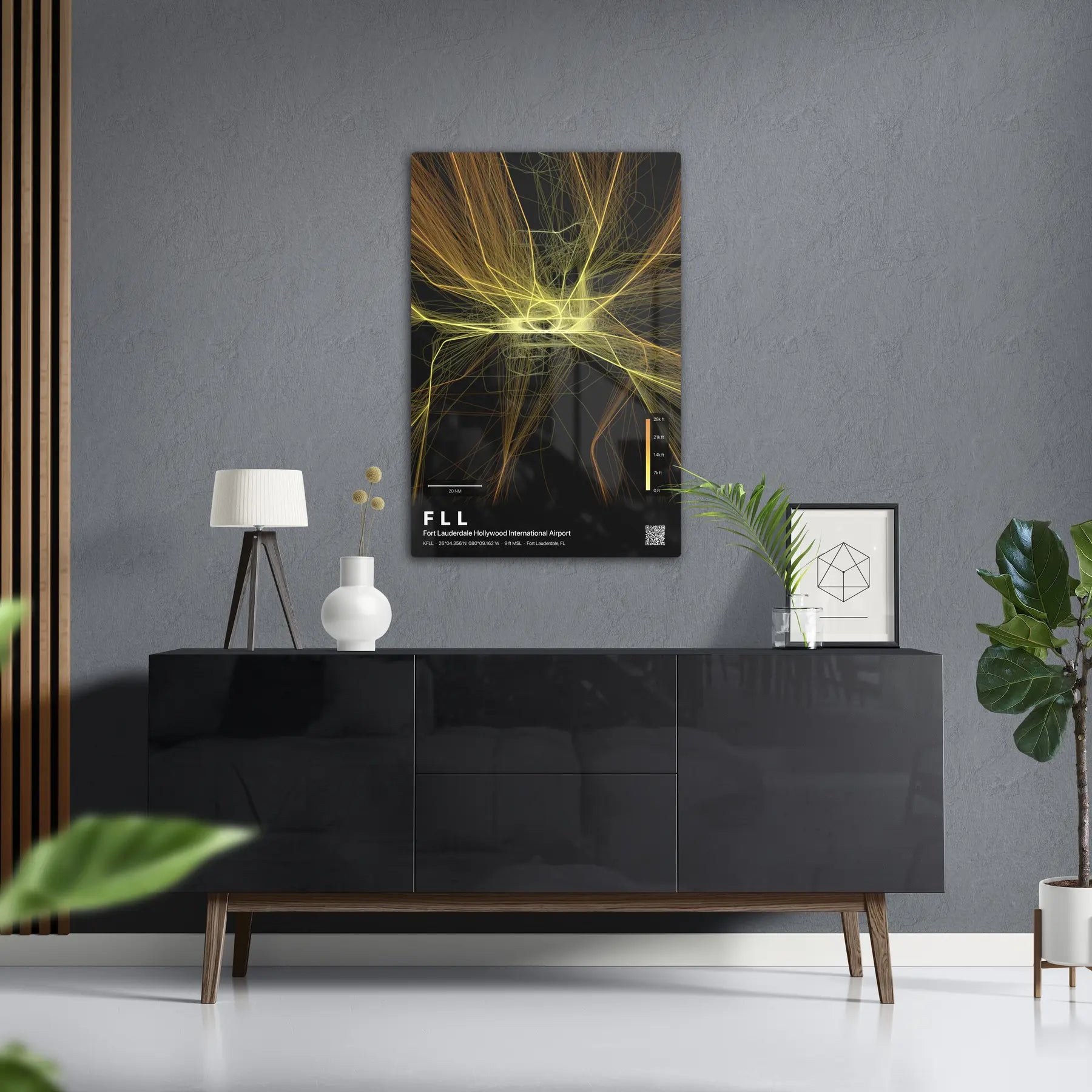 FLL flight path print — Solana theme · Dark in foyer setting [hotspot:50]