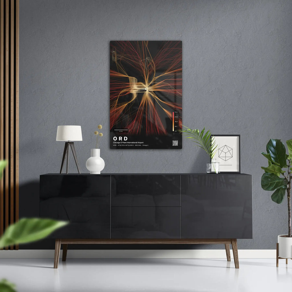 ORD flight path print — Inferno theme · Dark in foyer setting [hotspot:50]