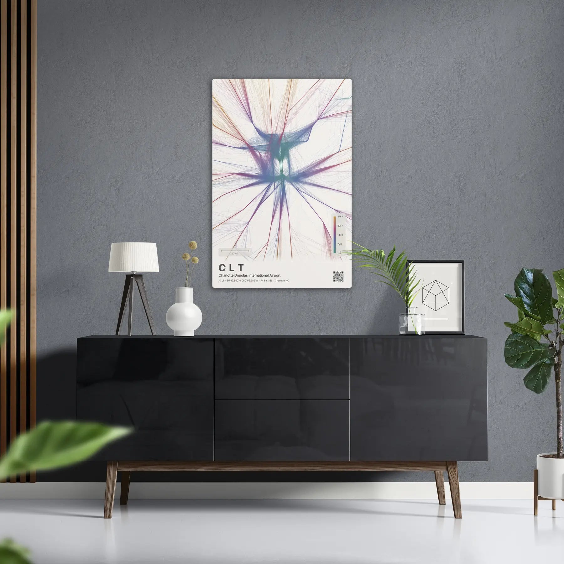 CLT flight path print — Aurora theme · Light in foyer setting [hotspot:50]