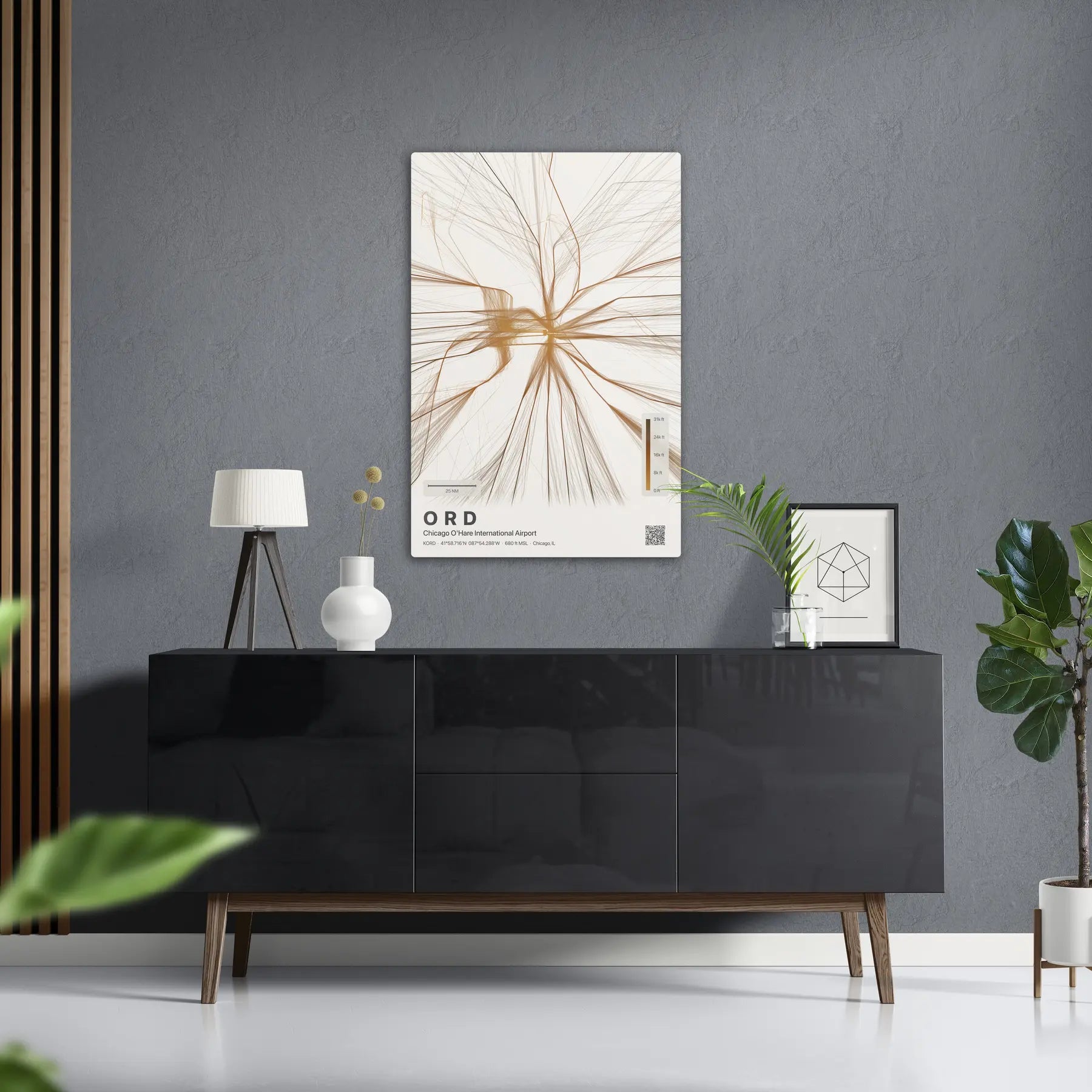 ORD flight path print — Solana theme · Light in foyer setting [hotspot:50]