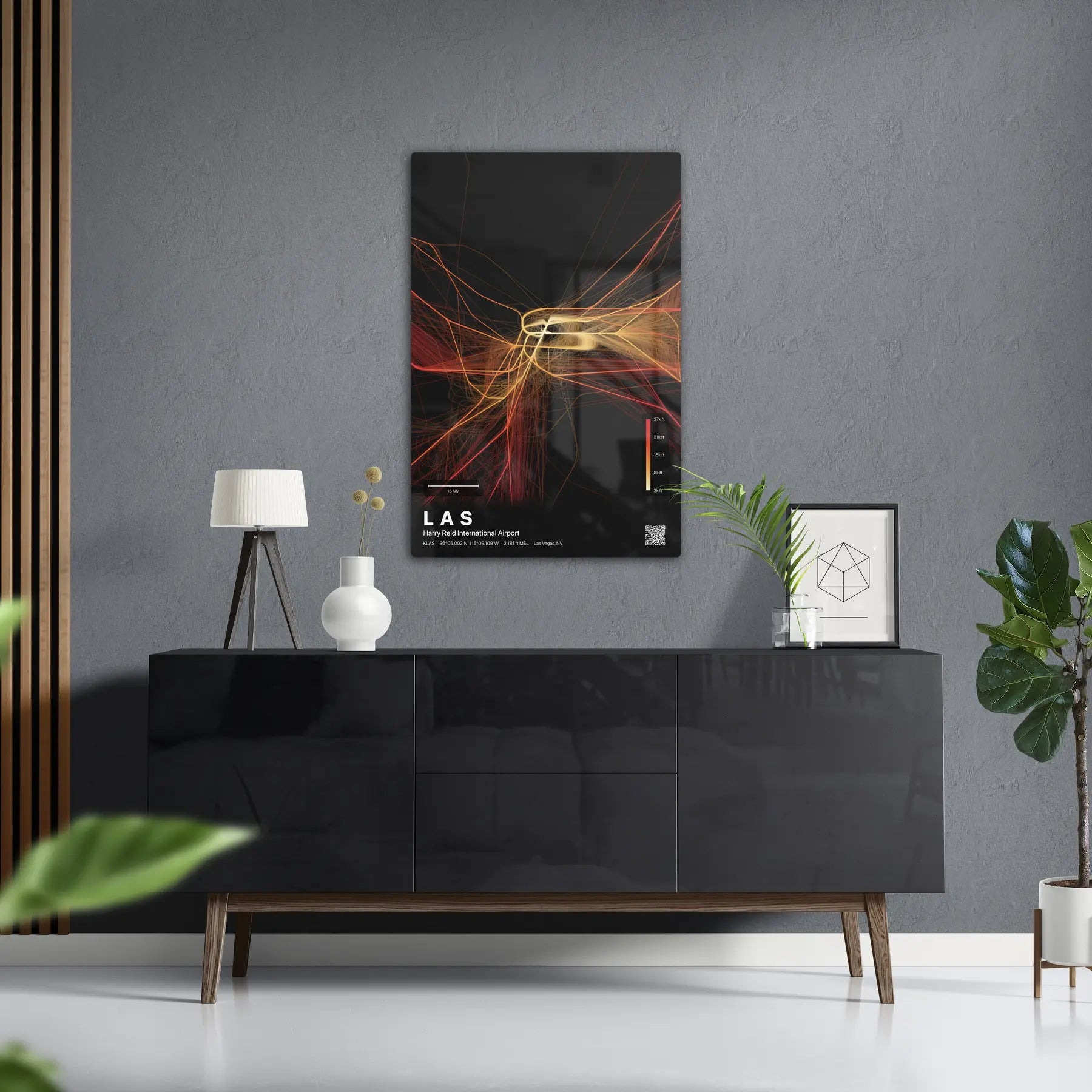 LAS flight path print — Inferno theme · Dark in foyer setting [hotspot:50]