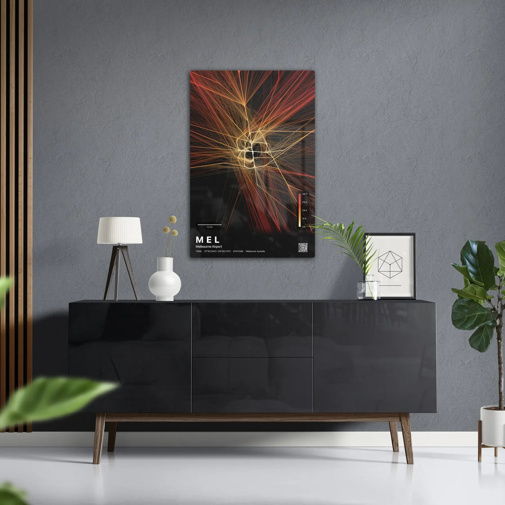 MEL flight path print — Inferno theme · Dark in foyer setting [hotspot:50]