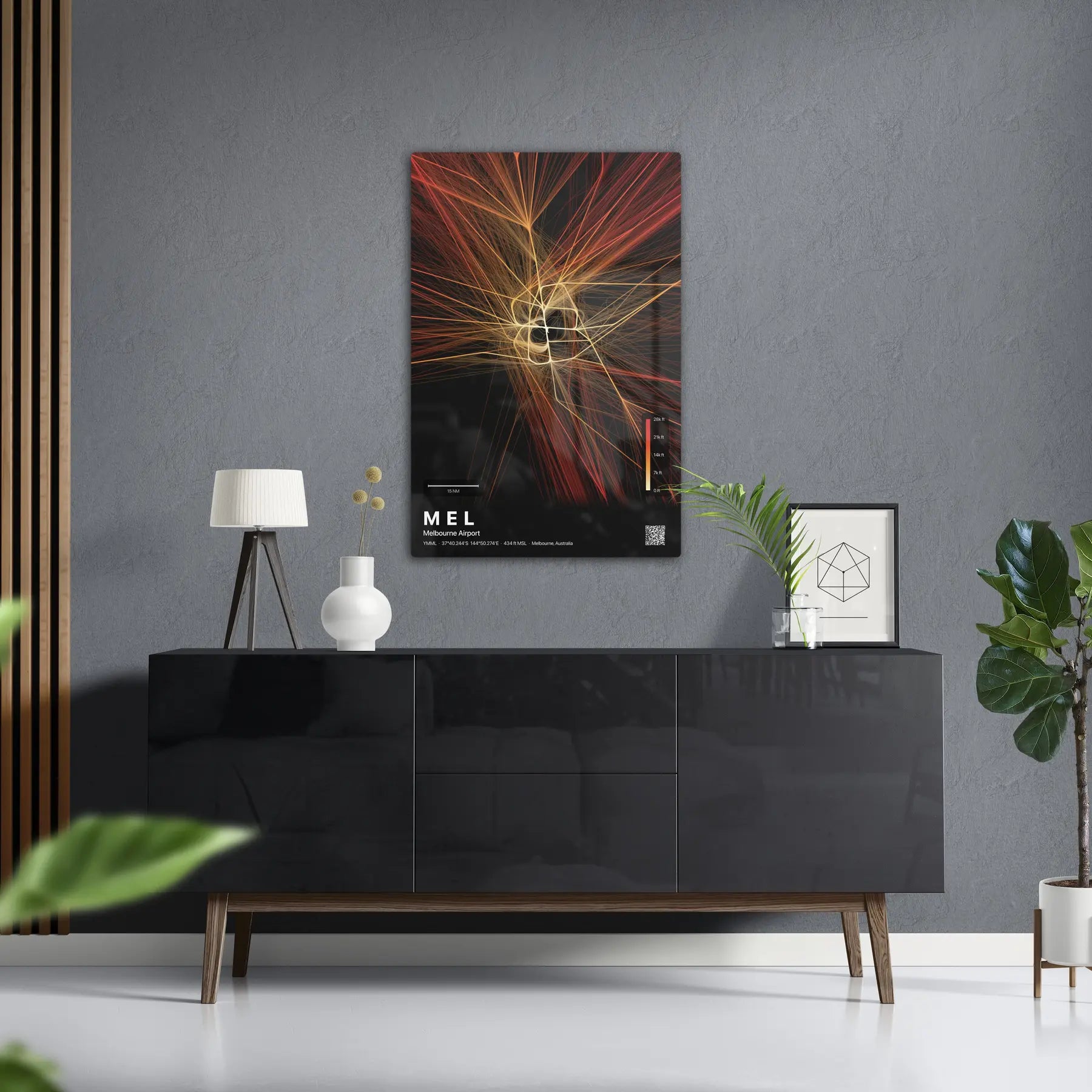 MEL flight path print — Inferno theme · Dark in foyer setting [hotspot:50]