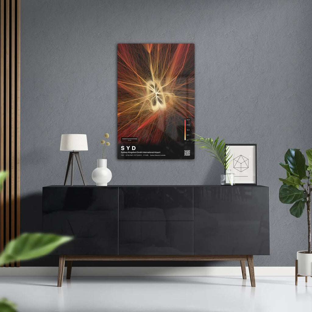 SYD flight path print — Inferno theme · Dark in foyer setting [hotspot:50]
