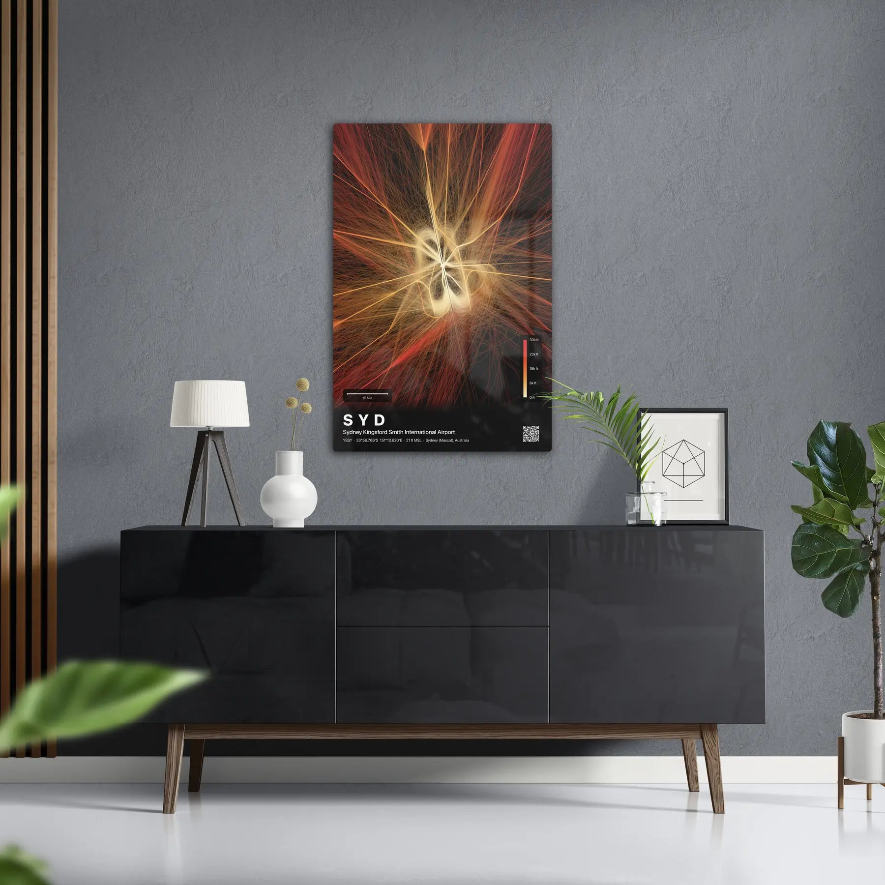 SYD flight path print — Inferno theme · Dark in foyer setting [hotspot:50]