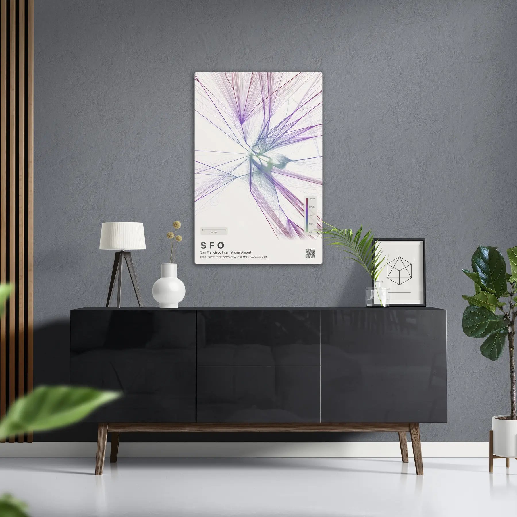 SFO flight path print — Prism theme · Light in foyer setting [hotspot:50]