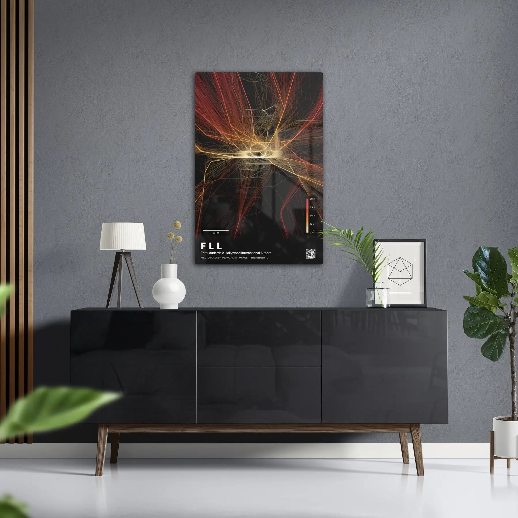 FLL flight path print — Inferno theme · Dark in foyer setting [hotspot:50]