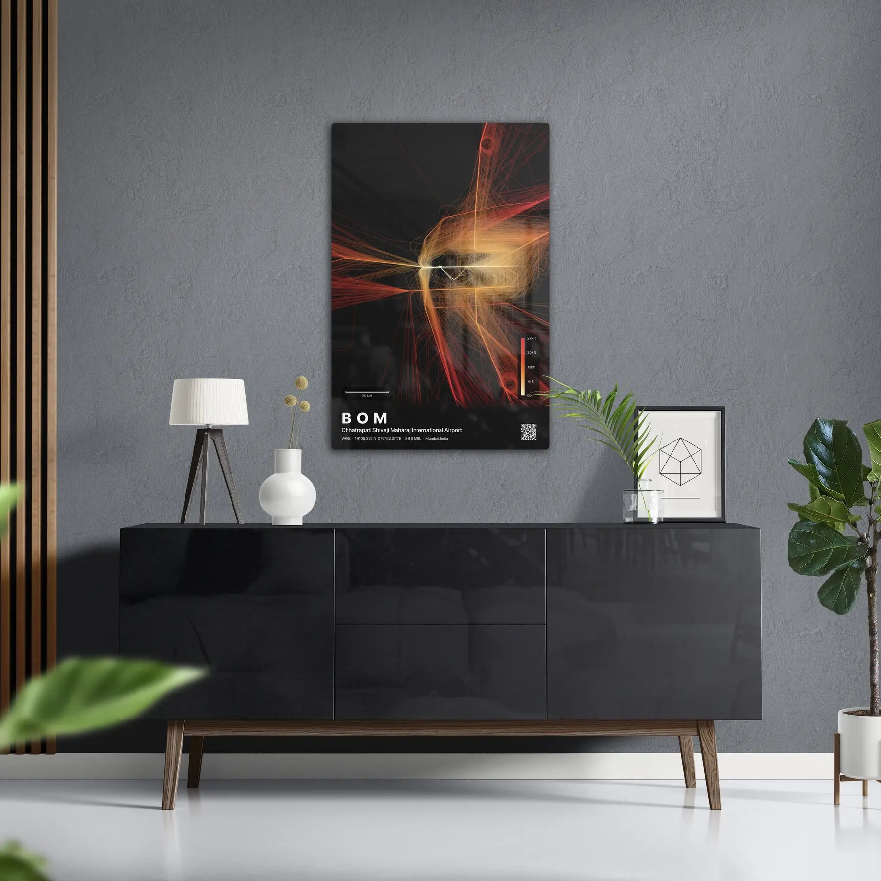 BOM flight path print — Inferno theme · Dark in foyer setting [hotspot:50]