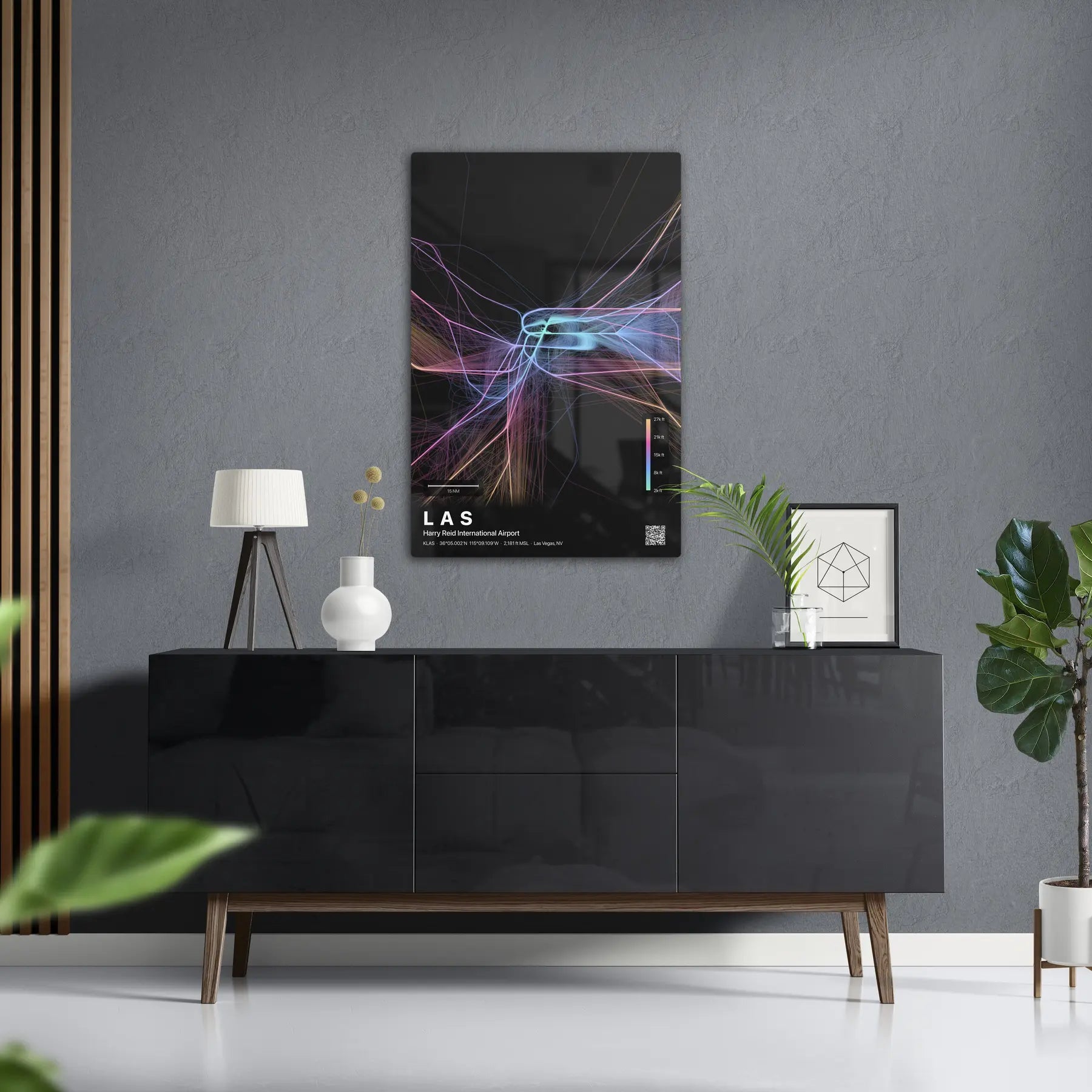 LAS flight path print — Aurora theme · Dark in foyer setting [hotspot:50]