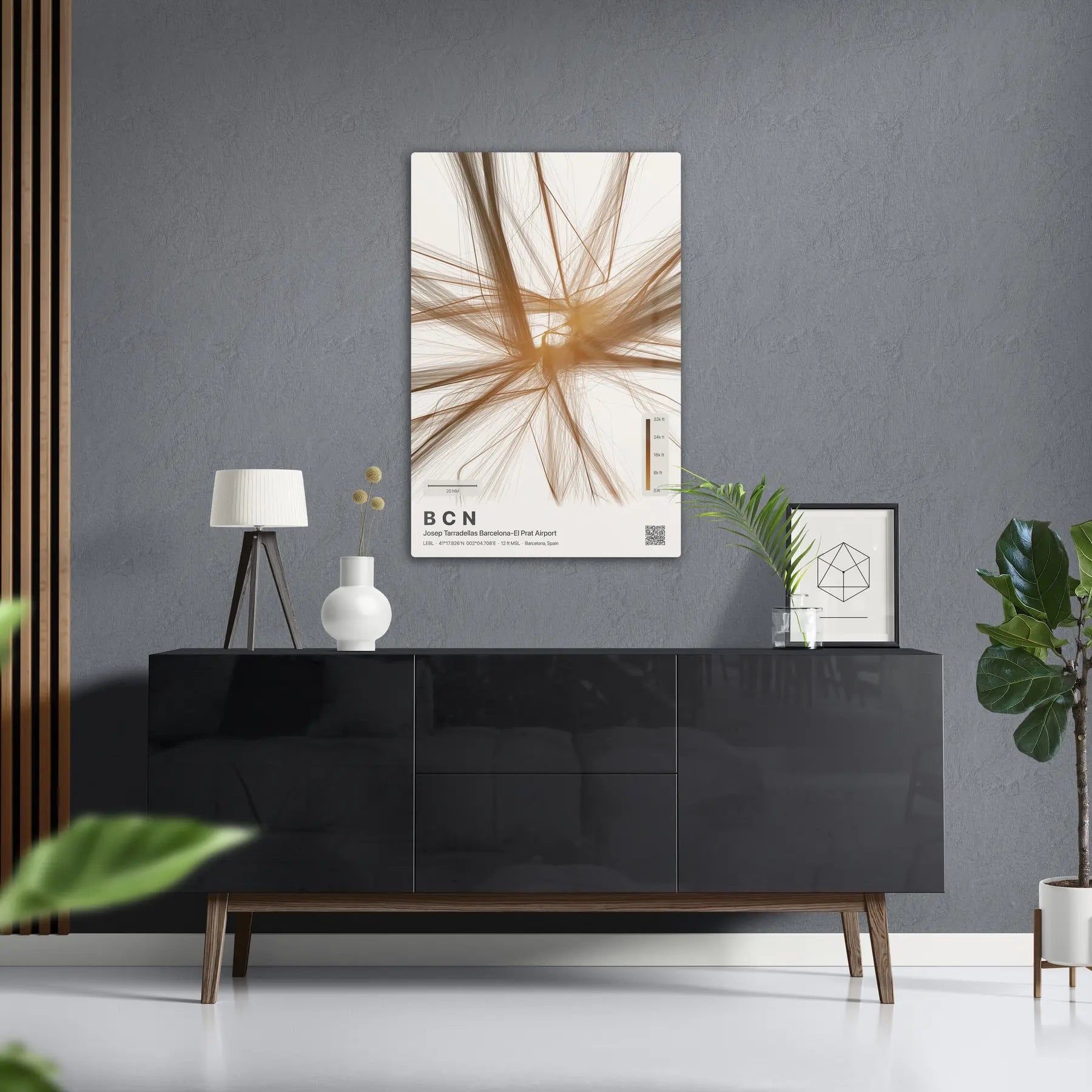 BCN flight path print — Solana theme · Light in foyer setting [hotspot:50]