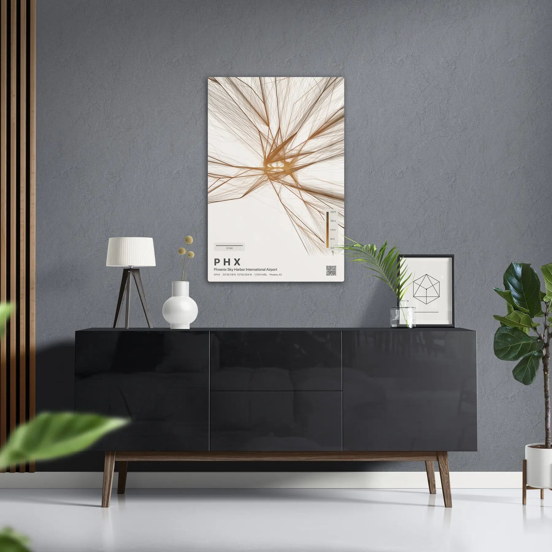 PHX flight path print — Solana theme · Light in foyer setting [hotspot:50]