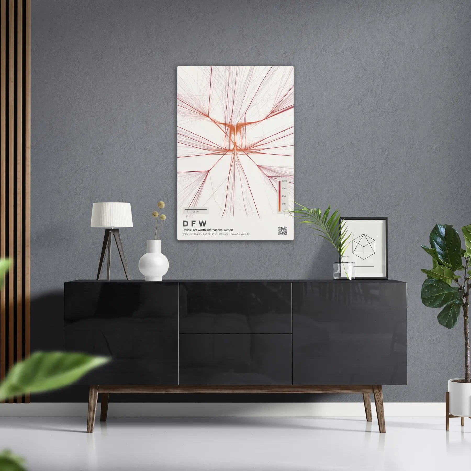 DFW flight path print — Inferno theme · Light in foyer setting [hotspot:50]