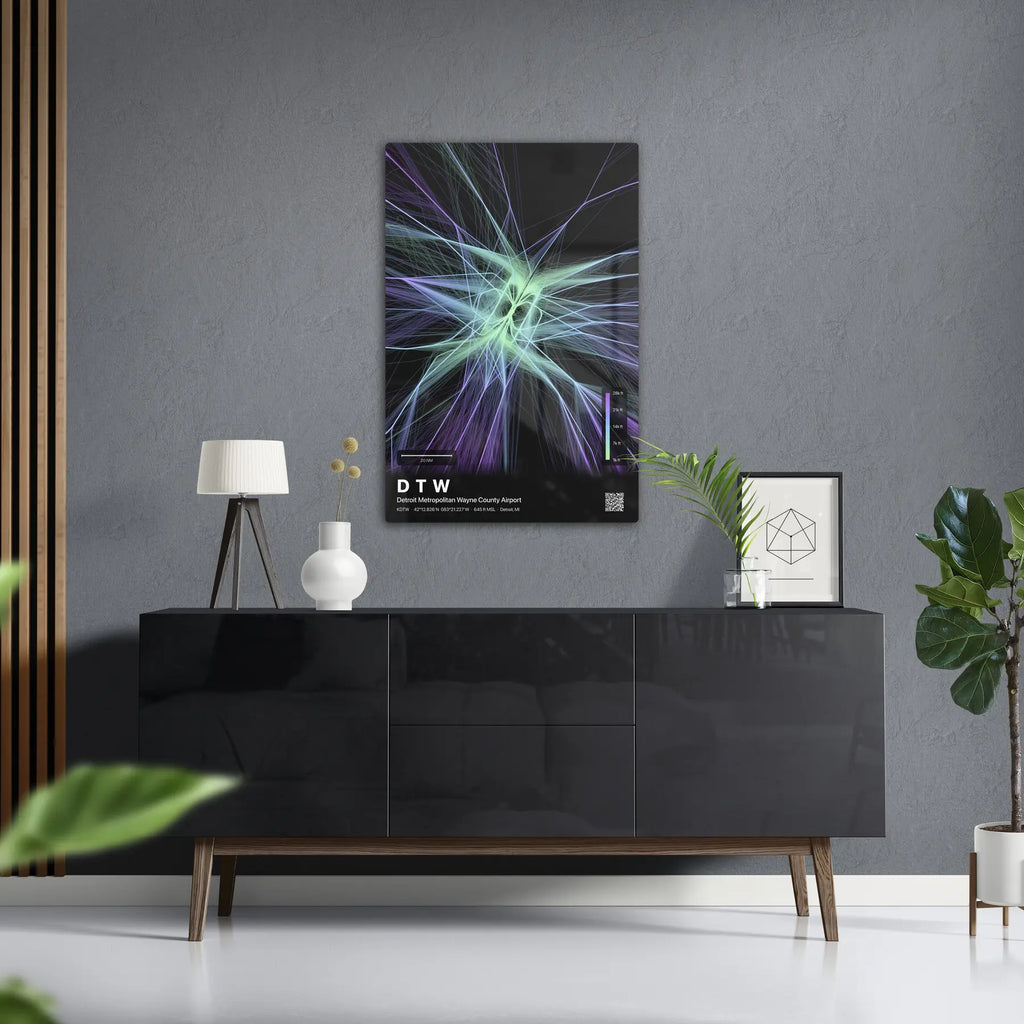 DTW flight path print — Prism theme · Dark in foyer setting [hotspot:50]