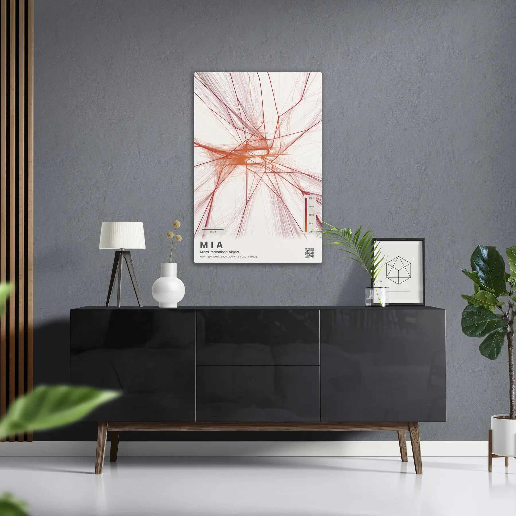 MIA flight path print — Inferno theme · Light in foyer setting [hotspot:50]