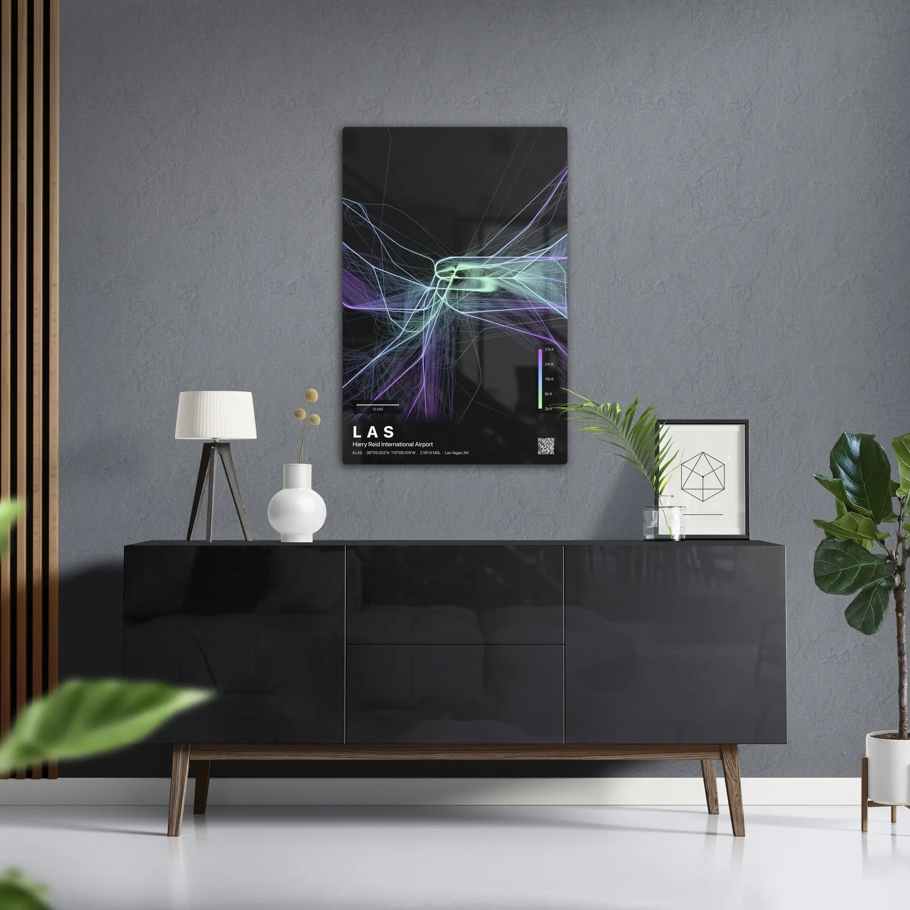 LAS flight path print — Prism theme · Dark in foyer setting [hotspot:50]