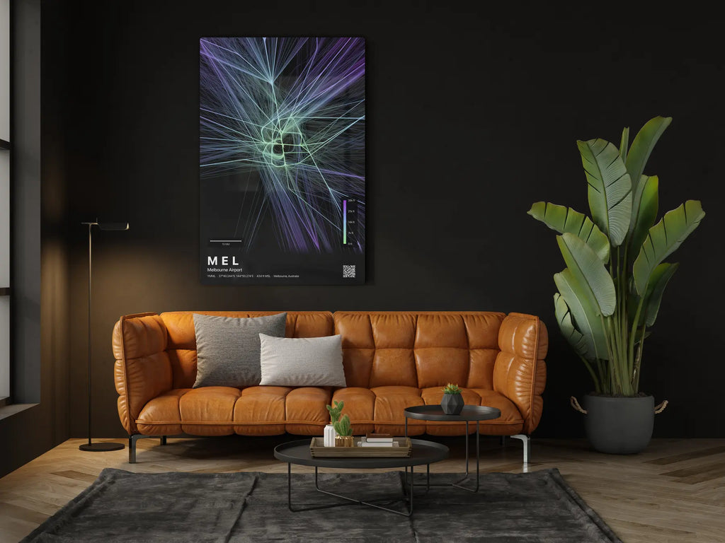 MEL flight path print — Prism theme · Dark in living-room setting [hotspot:46]