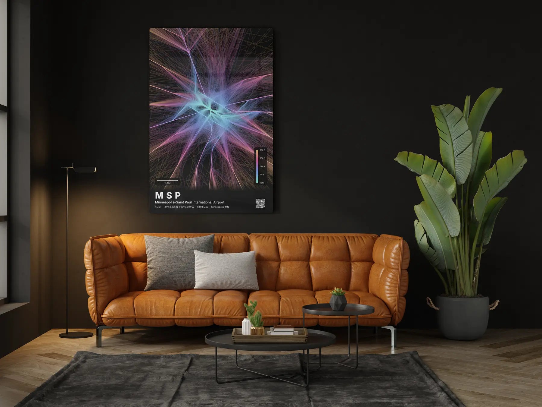 MSP flight path print — Aurora theme · Dark in living-room setting [hotspot:46]