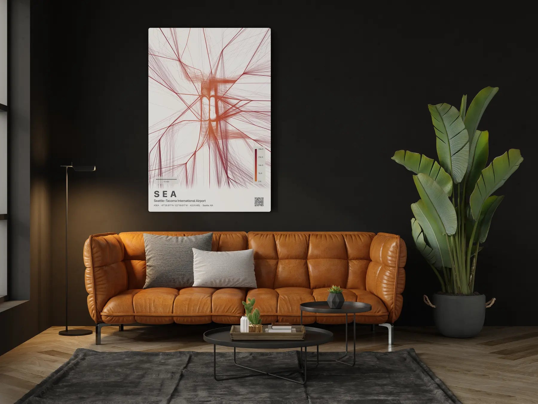 SEA flight path print — Inferno theme · Light in living-room setting [hotspot:46]