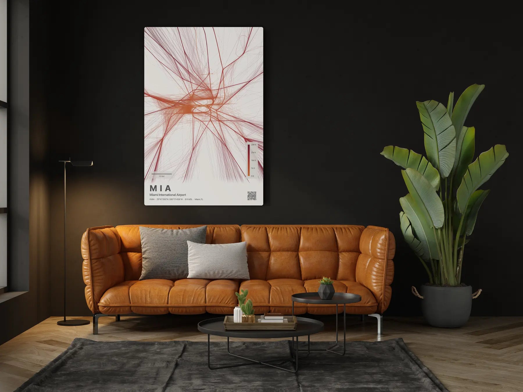 MIA flight path print — Inferno theme · Light in living-room setting [hotspot:46]