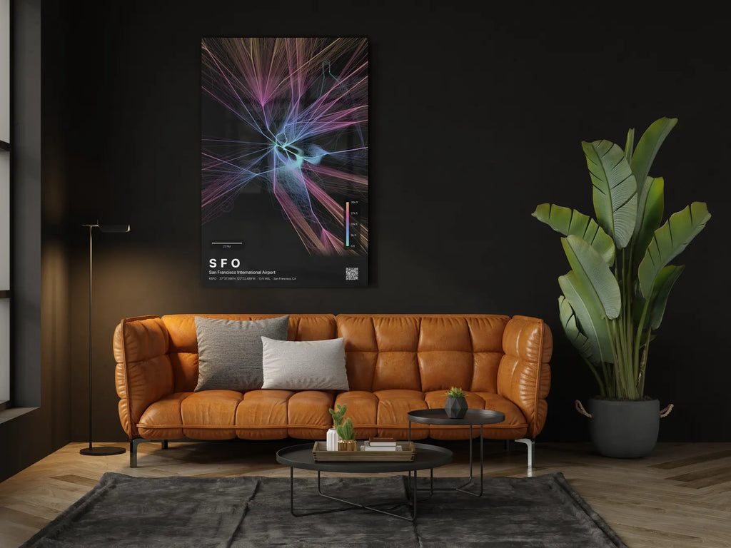 SFO flight path print — Aurora theme · Dark in living-room setting [hotspot:46]