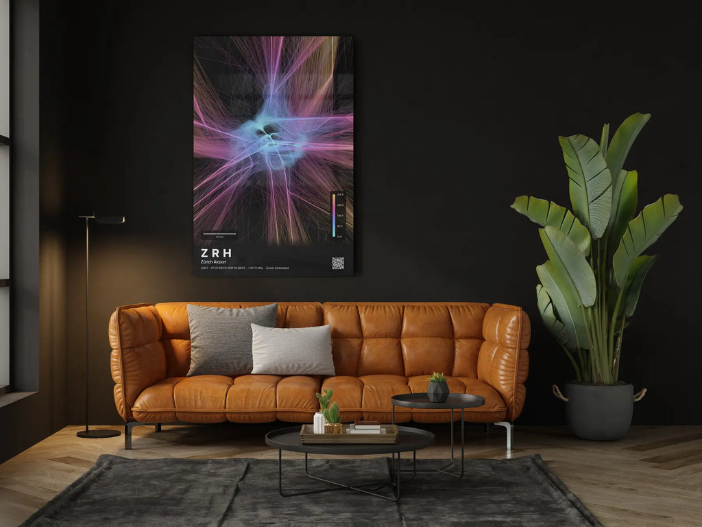 ZRH flight path print — Aurora theme · Dark in living-room setting [hotspot:46]