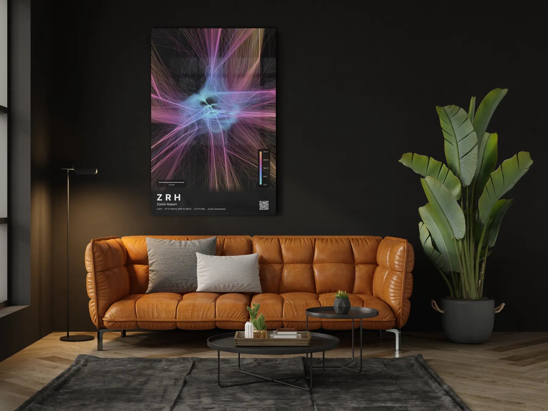 ZRH flight path print — Aurora theme · Dark in living-room setting [hotspot:46]