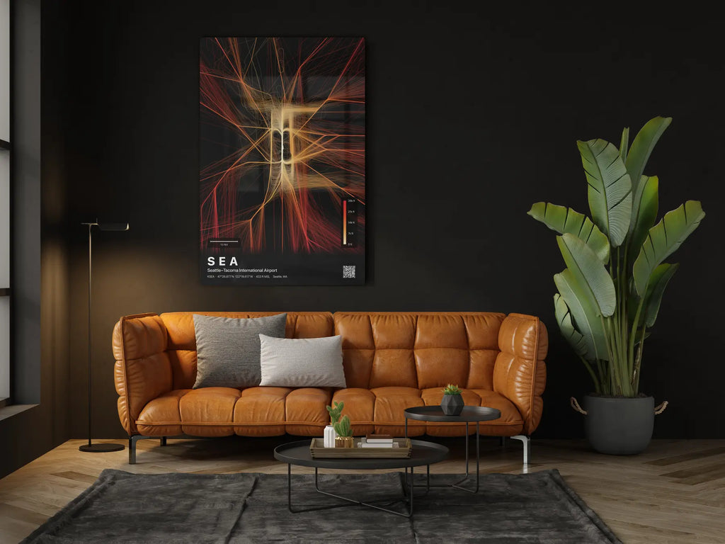 SEA flight path print — Inferno theme · Dark in living-room setting [hotspot:46]