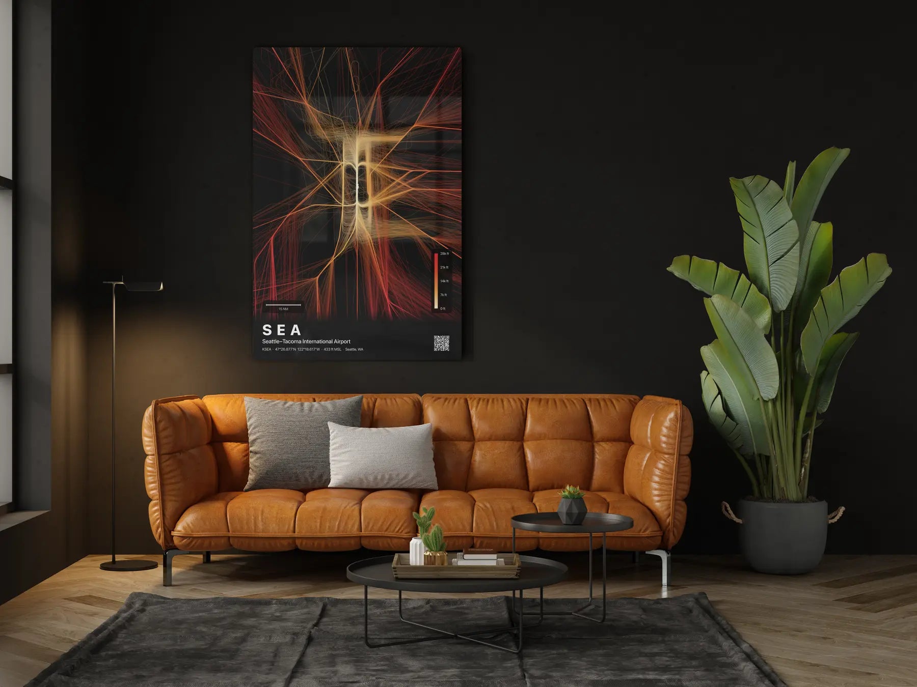 SEA flight path print — Inferno theme · Dark in living-room setting [hotspot:46]