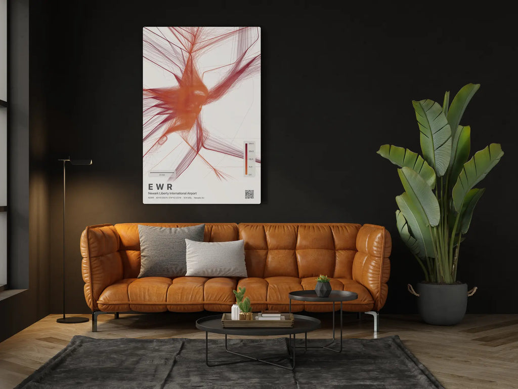 EWR flight path print — Inferno theme · Light in living-room setting [hotspot:46]