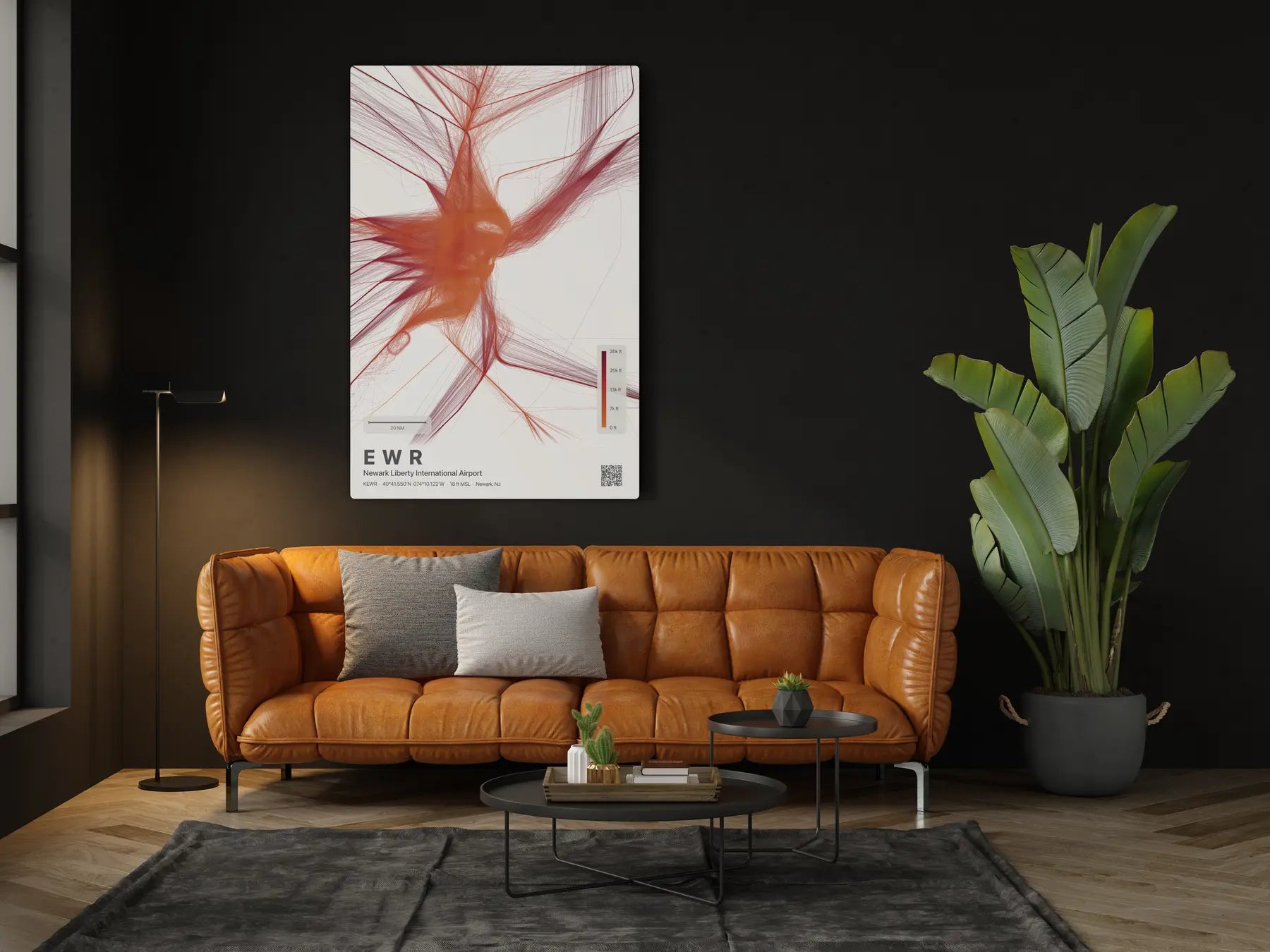 EWR flight path print — Inferno theme · Light in living-room setting [hotspot:46]