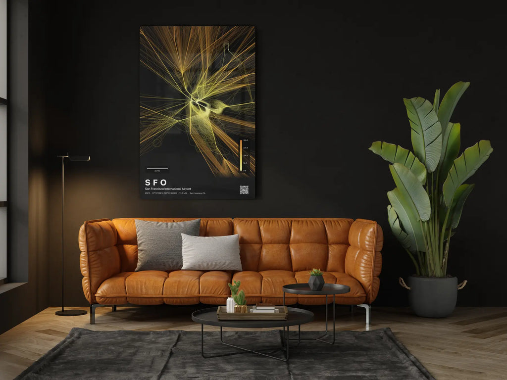SFO flight path print — Solana theme · Dark in living-room setting [hotspot:46]