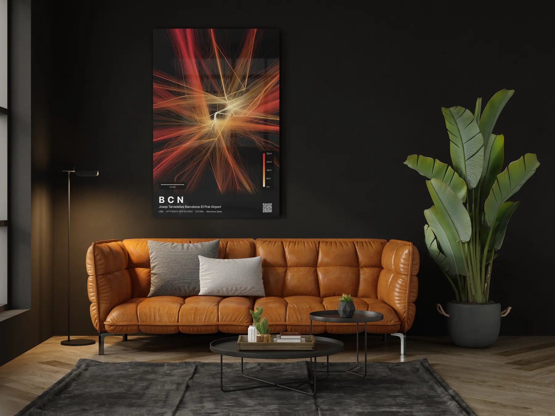 BCN flight path print — Inferno theme · Dark in living-room setting [hotspot:46]