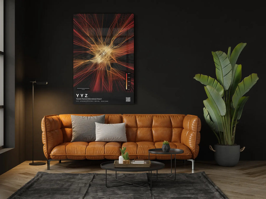 YYZ flight path print — Inferno theme · Dark in living-room setting [hotspot:46]