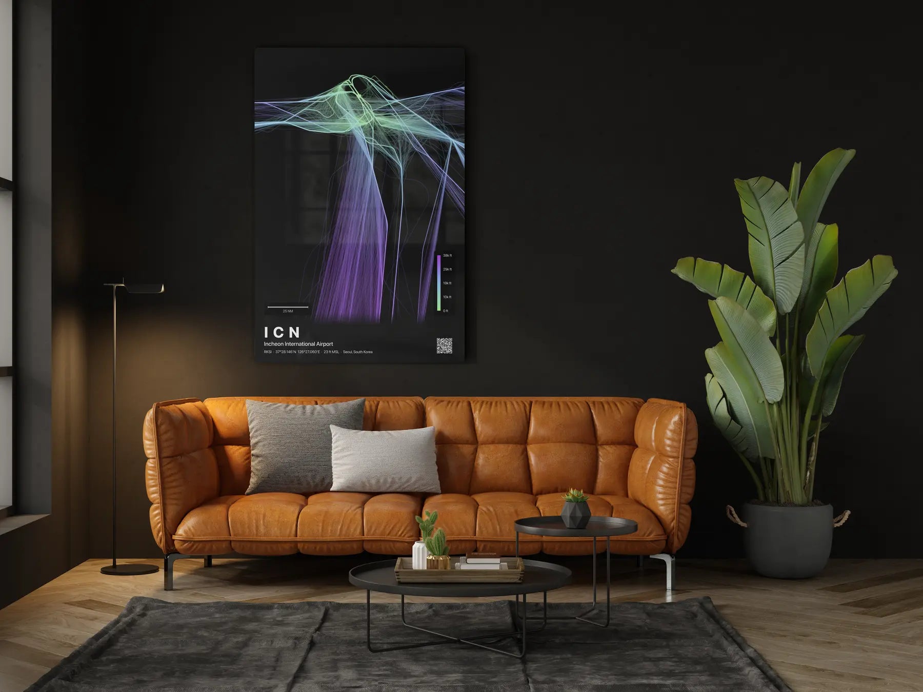 ICN flight path print — Prism theme · Dark in living-room setting [hotspot:46]