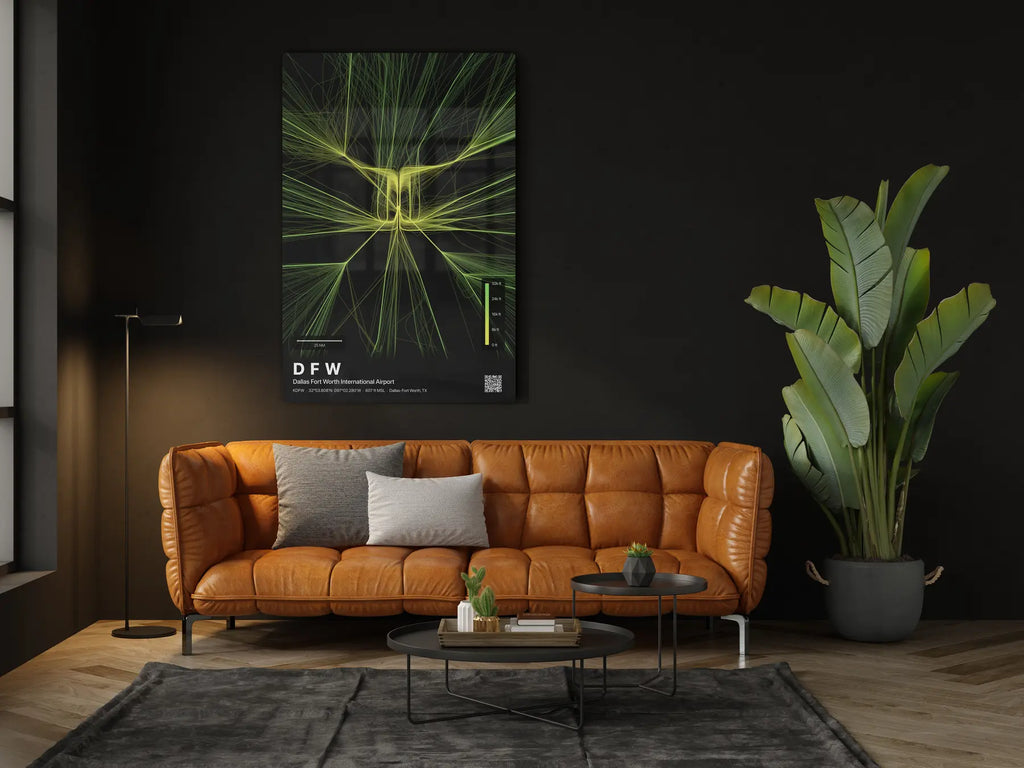 DFW flight path print — Citrus theme · Dark in living-room setting [hotspot:46]