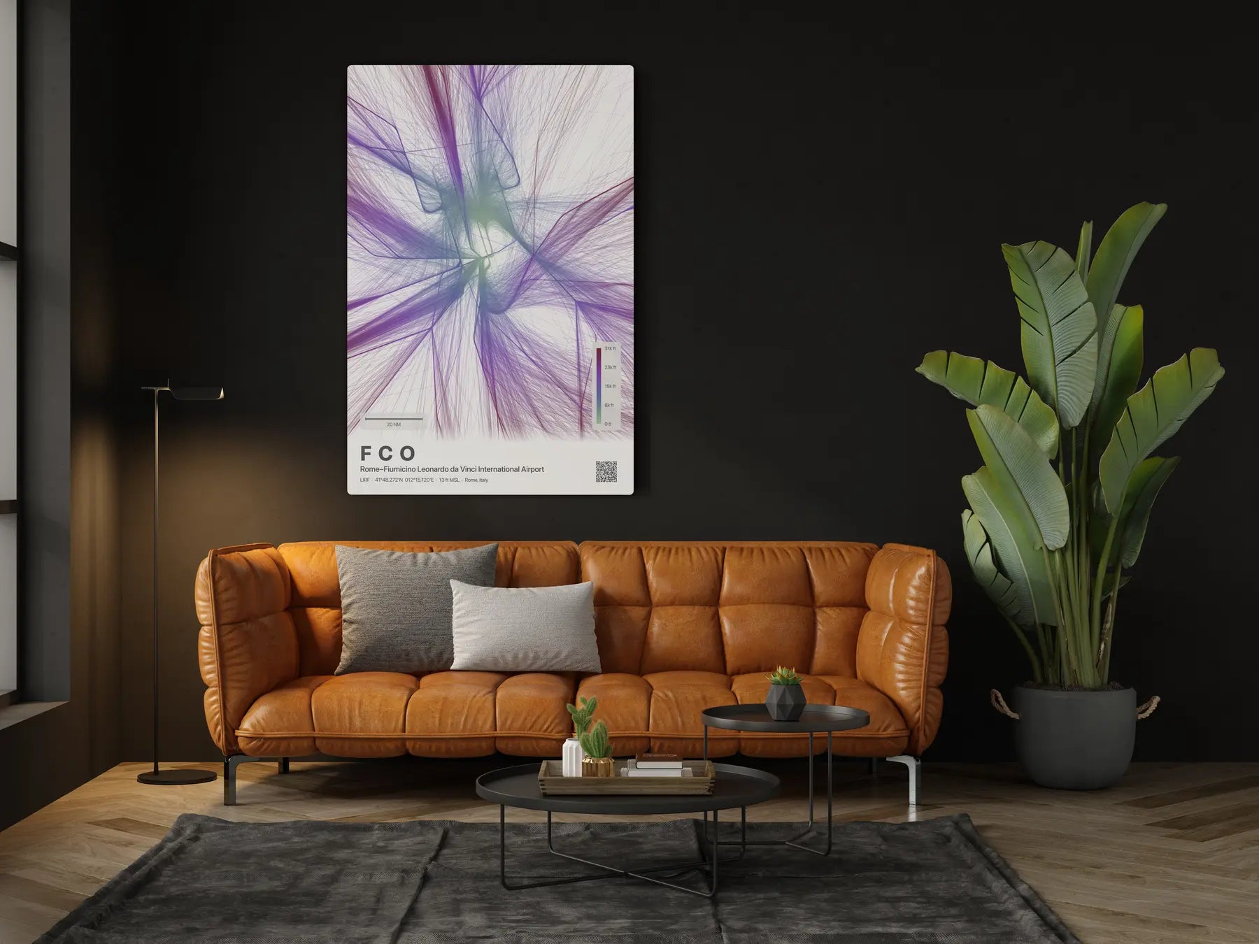 FCO flight path print — Prism theme · Light in living-room setting [hotspot:46]