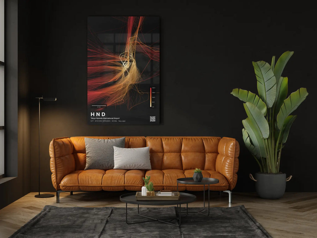 HND flight path print — Inferno theme · Dark in living-room setting [hotspot:46]